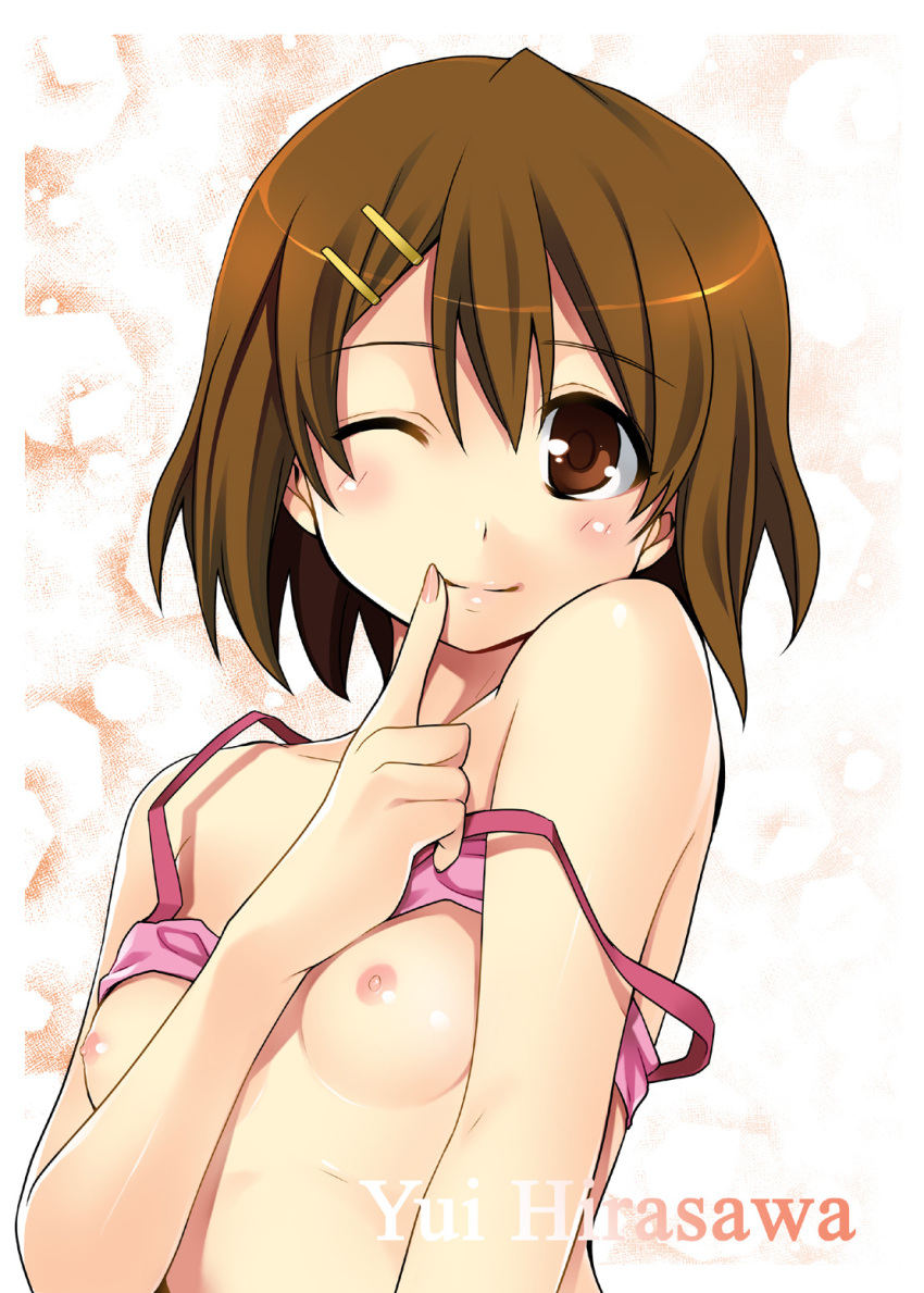 azu blush bra bra_lift breasts brown_eyes brown_hair female female_only finger_to_lips finger_to_mouth hair_ornament hairclip highres human human_only k-on! lingerie smile solo topless underwear wink yui_hirasawa_(k-on!)