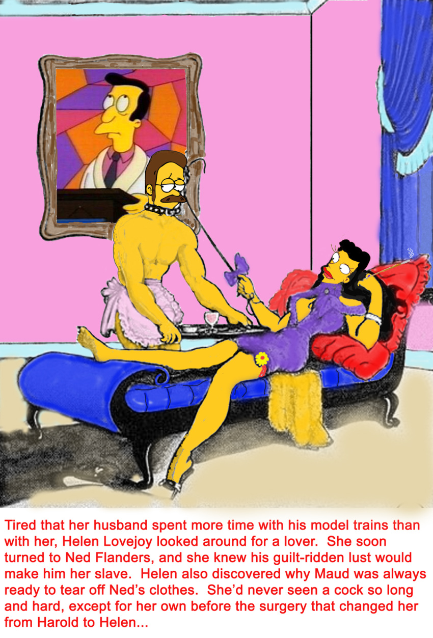 clothes color female helen_lovejoy human indoors lying male ned_flanders on_back standing tagme the_simpsons yellow_skin