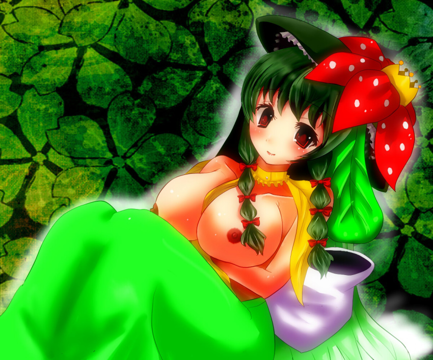 blush breasts clothes color cosplay costume female female_only humanized lilligant lilligant_(cosplay) nipples pokemon pokemon_(cosplay) sitting solo tagme