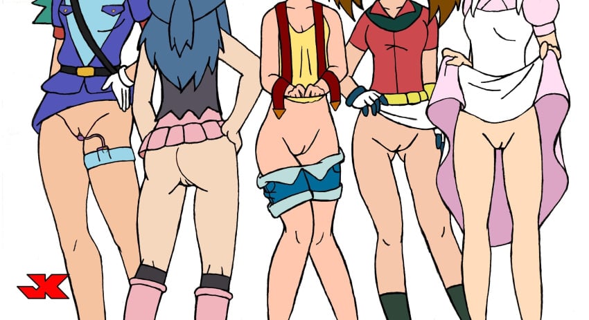 5girls dawn_(pokemon) female female_only human human_only innie_pussy jk kasumi_(pokemon) may_(pokemon) multiple_females multiple_girls nintendo nurse_joy officer_jenny_(pokemon) pokemon white_background yuri