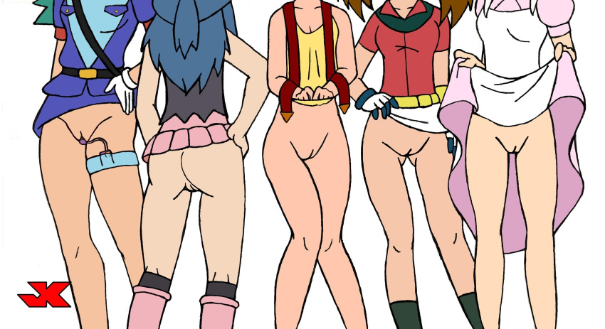 5girls ass blue_hair bottomless brown_hair dawn_(pokemon) dress dress_lift female female_only hand_on_hip human human_only innie_pussy jk kasumi_(pokemon) may_(pokemon) multiple_females multiple_girls nintendo nurse_joy officer_jenny_(pokemon) pokemon shirt shirt_lift simple_background skirt_lift vibrator white_background yuri