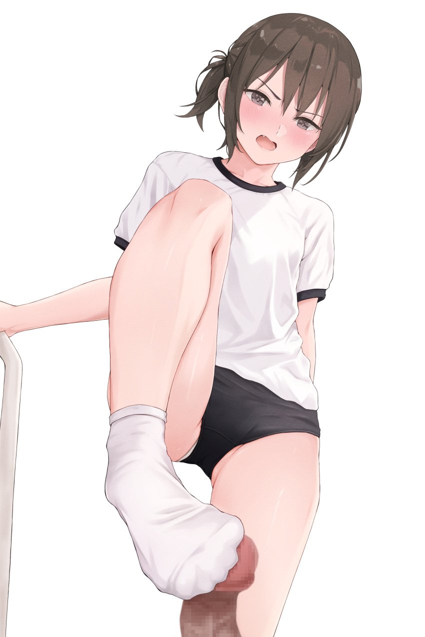 1boy absurdres annoyed black_buruma blush breasts brown_eyes brown_hair buruma collarbone female footjob footjob_with_legwear footjob_with_one_foot from_below gym_shirt gym_uniform highres looking_at_viewer looking_down migita_(hirayuaki) oerba_yun_fang open_mouth original out_of_frame panties panty_peek penis shirt short_hair short_sleeves side_ponytail sidelocks simple_background small_breasts sock_fetish sockjob socks stepped_on stepping_on_penis straight underwear white_background white_shirt white_socks