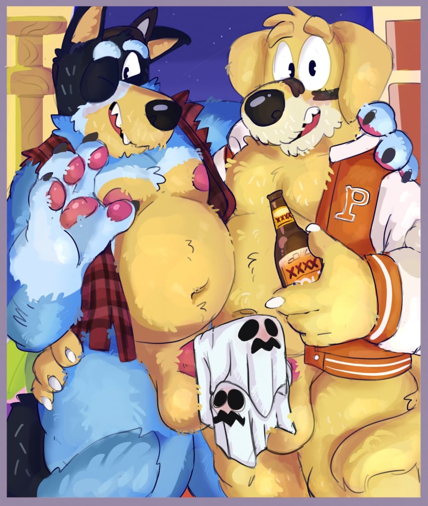 anthro balls bandit_heeler bluey_(series) canid canine canis domestic_dog duo erection genitals halloween hi_res holidays male mammal pat_(bluey) penis skoogers