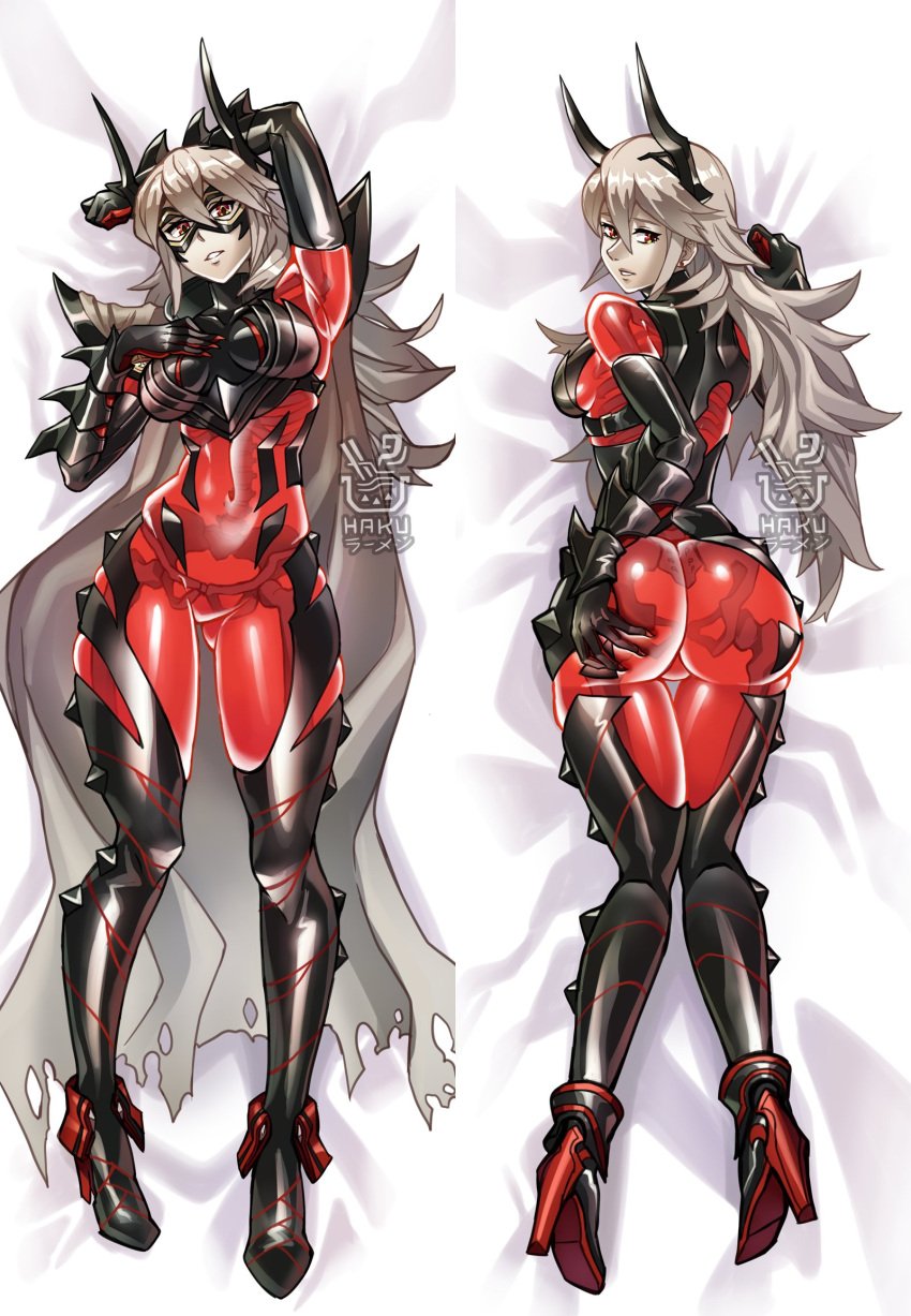 1girl 1girls artist_name ass ass_grab ass_visible_through_thighs back back_view bare_thighs bed big_ass black_footwear boots dakimakura dakimakura_(medium) dakimakura_design fake_horns female female_only fire_emblem fire_emblem_heroes gauntlets grabbing_own_ass grey_hair hakuramen hand_on_own_chest high_heels highres horns inner_thighs large_ass long_hair looking_at_viewer looking_back lying mask medium_breasts multiple_views nintendo on_back on_bed on_stomach parted_lips red_eyes sideboob skeleton smile solo thigh_boots thigh_gap thighs thrasir_(fire_emblem) transparent_body very_long_hair visible_skeleton