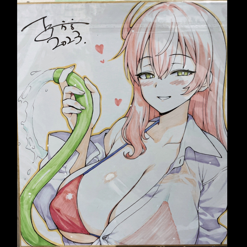 1girls 2d autograph big_breasts bikini blue_archive board breasts breasts_bigger_than_head female female_focus female_only hanako_(blue_archive) hanako_(swimsuit)_(blue_archive) huge_breasts photo seductive seductive_look seductive_smile signature smile swimsuit trinity_general_school_student try try_(lsc)