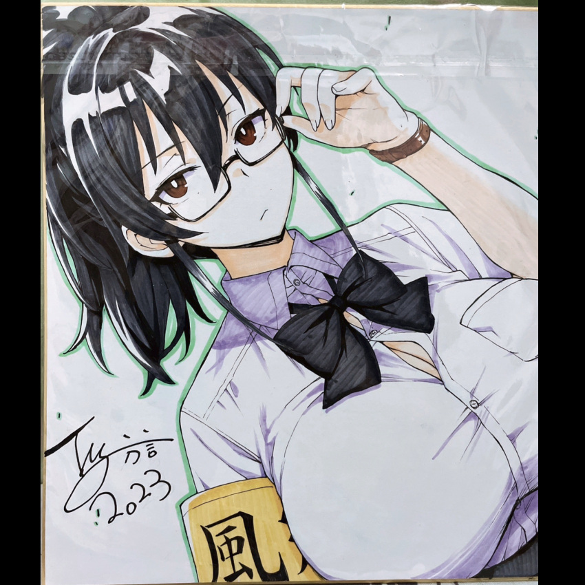 1girls 2d autograph big_breasts board breasts breasts_bigger_than_head chairman_(try) emotionless expressionless female female_focus female_only glasses huge_breasts kazama_ritsuko looking_at_viewer no_sex original photo ponytail school_uniform schoolgirl signature try try_(lsc)