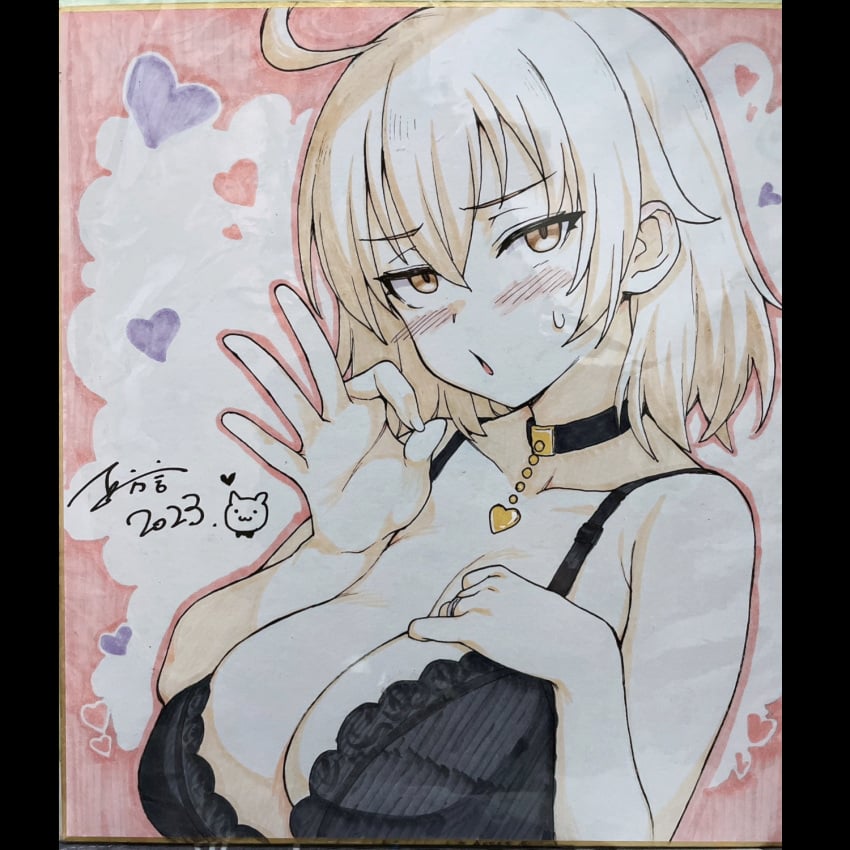 1girls 2023 2d ahoge autograph bangs big_breasts black_bra blonde_hair blowjob_gesture blush board bra breasts breasts_bigger_than_head choker clavicle cleavage embarrassed eyebrows eyelashes fate/grand_order fate_(series) fellatio_gesture female female_focus female_only gesture hair_between_eyes half-closed_eyes hand_on_own_breast head_tilt heart huge_breasts jeanne_alter jeanne_d'arc_(fate) lace lace-trimmed_bra lace_trim looking_at_viewer nervous photo ring ring_(jewelry) seductive seductive_look signature solo sweat sweatdrop traditional_media_(artwork) try try_(lsc) uncomfortable underwear