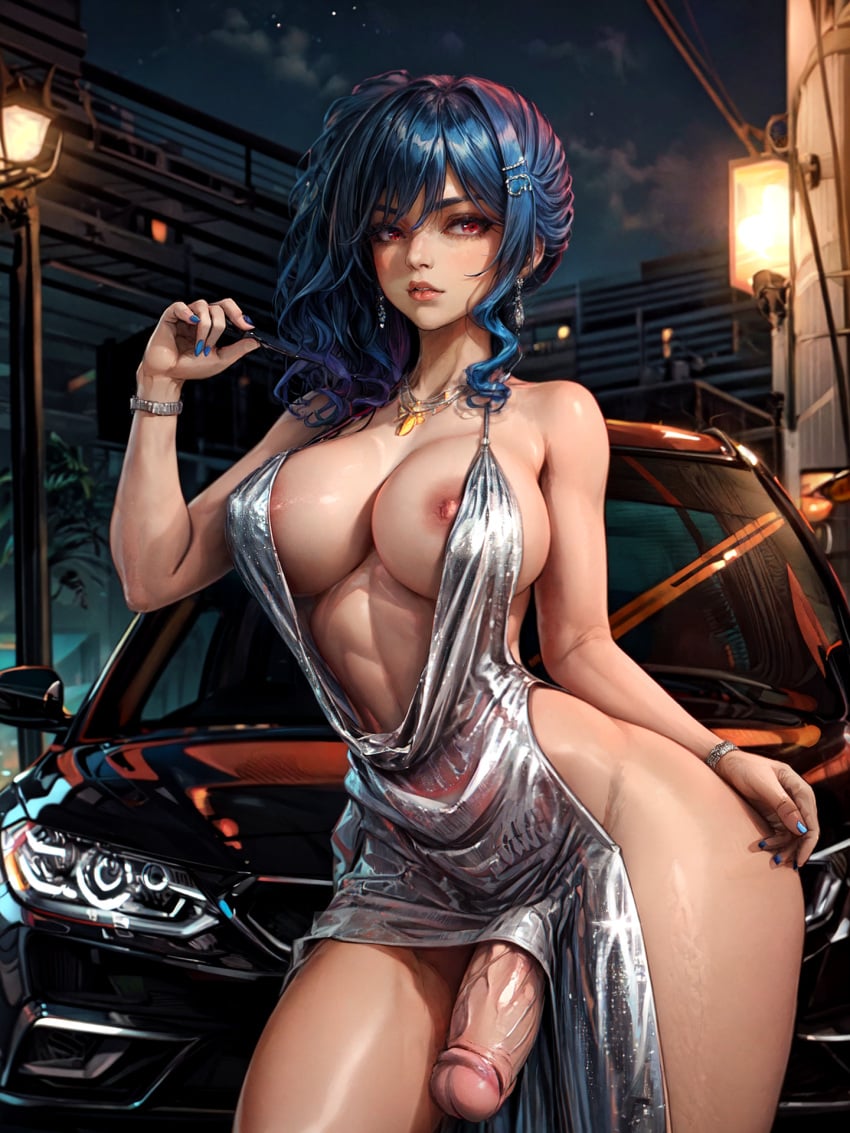 1futa ai_generated azur_lane backless_outfit big_breasts blue_hair clothed dickgirl dress earings futa_only futanari grey_dress hips jewelry looking_at_viewer necklace nipple_slip penis red_eyes side_ponytail solo solo_futa st._louis_(azur_lane) st._louis_(luxurious_wheels)_(azur_lane) stable_diffusion veritai wide_hips