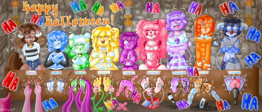 9girls aureilia_soleil_(kinkynaut) buttercup_sparkles_(kinkynaut) candle candles carmen_specter_(kinkynaut) dungeon feathers feet female foot_fetish halloween isla_lucerne_(kinkynaut) jack_in_the_box_(toy) kinkynaut laugh laughing multiple_girls neani_a'canaii_(kinkynaut) snow_cantrelle_(kinkynaut) stocks sylvie_lee_(kinkynaut) tentacle text tickling tickling_feet trixie_xal'gaak_(kinkynaut) vivienne_arabella_(kinkynaut)