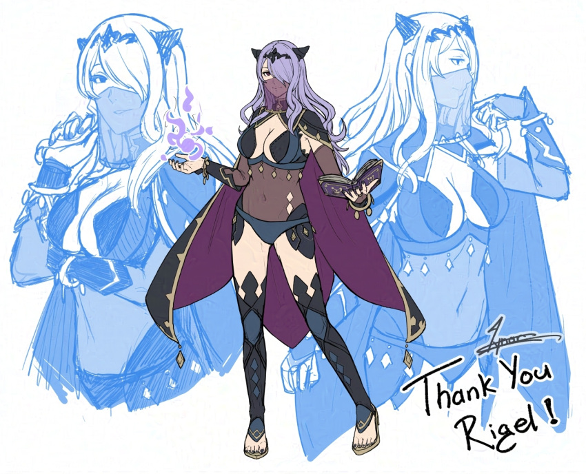 1girls alternate_costume arm_under_breasts bare_thighs black_nails book breasts camilla_(fire_emblem) cape cleavage cm_lynarc cosplay female female_only fire_emblem fire_emblem_fates hair_over_one_eye horns inner_sideboob looking_at_viewer magic medium_breasts mouth_veil multiple_views nail_polish nintendo nyx_(fire_emblem) nyx_(fire_emblem)_(cosplay) pink_nails purple_hair sandals see-through sideboob smile solo thighhighs thighs