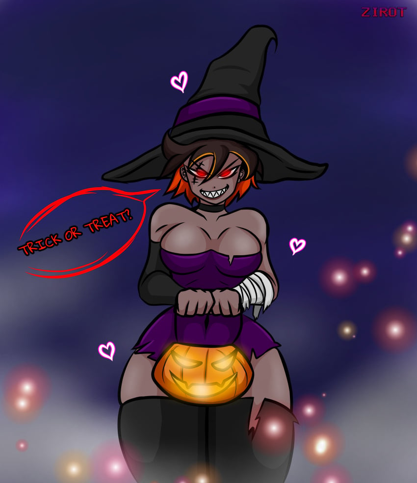 1girls curvy female female_focus female_only halloween halloween_costume halloween_theme huge_breasts minidress multicolored_hair oc original original_character pumpkin pumpkin_head sharp_teeth thick_legs thick_thighs thighhighs thighs trick_or_treat wide_hips witch witch_hat zirot