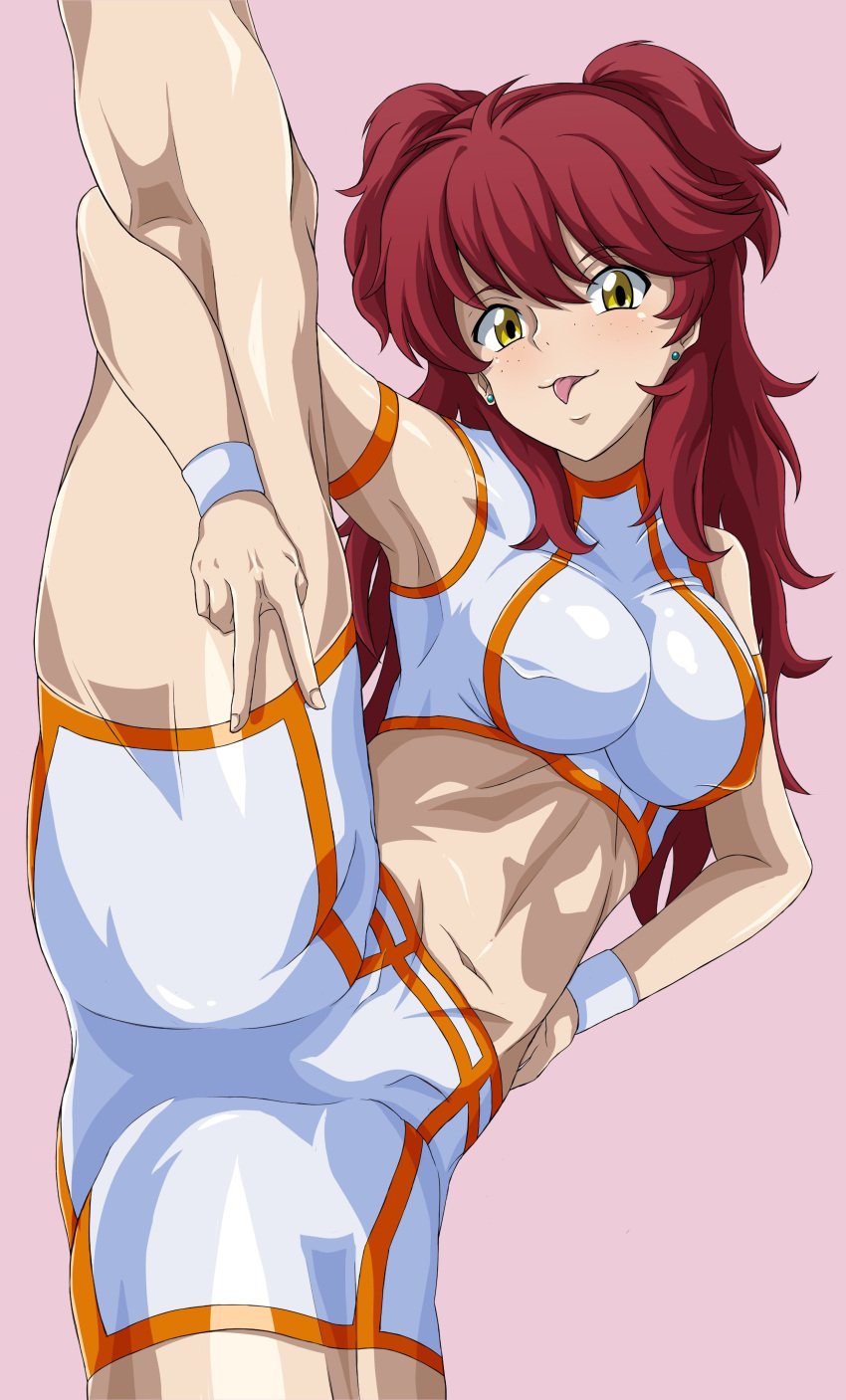 :p absurdres armband breasts covered_nipples earrings female female_villain freckles freckles_on_face gundam gundam_00 highres jewelry large_breasts leg_up long_hair midriff navel nena_trinity pale-skinned_female pale_skin pink_background red_hair safety_kaijo shorts simple_background solo split standing standing_on_one_leg standing_split thighhighs tongue tongue_out v villainess yellow_eyes