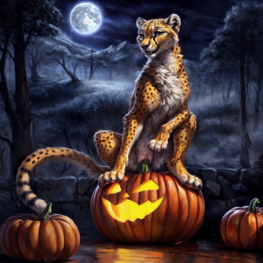 1girls ai_generated black_fur cat_tail cheek_tuft cheetah chest_fluff clitoral_hood detailed_background director_firewolf fangs female female_only feral feral_only fluffy green_eyes halloween inner_ear_fluff jack-o'-lantern long_tail looking_at_viewer open_mouth pawpads paws pumpkin pussy spotted_body spotted_fur tail teeth vaginal_insertion whiskers white_fur yellow_body yellow_fur yellow_sclera