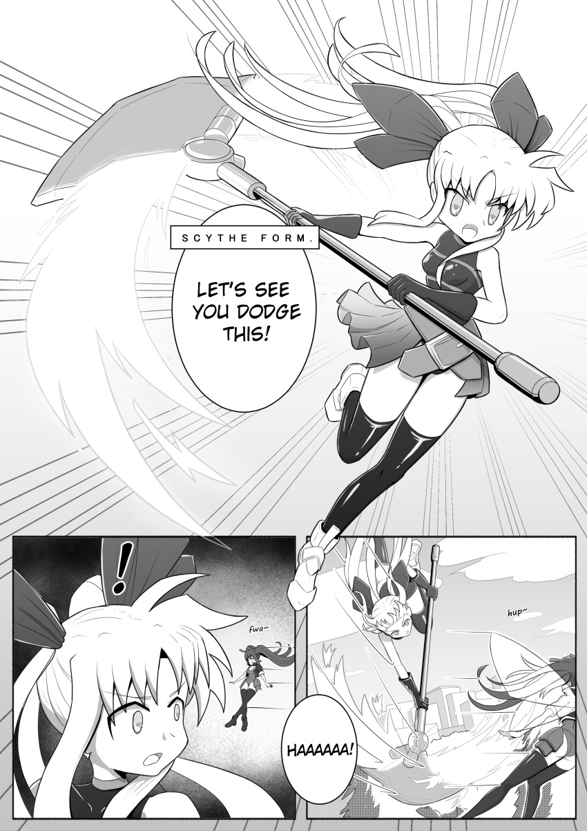 1futa 1girls bodysuit combat fate_testarossa futanari lyrical_nanoha mahou_shoujo_lyrical_nanoha manga manga_page onion_jigoku original_character tagme wasp_girl_(onion_jigoku) weapon