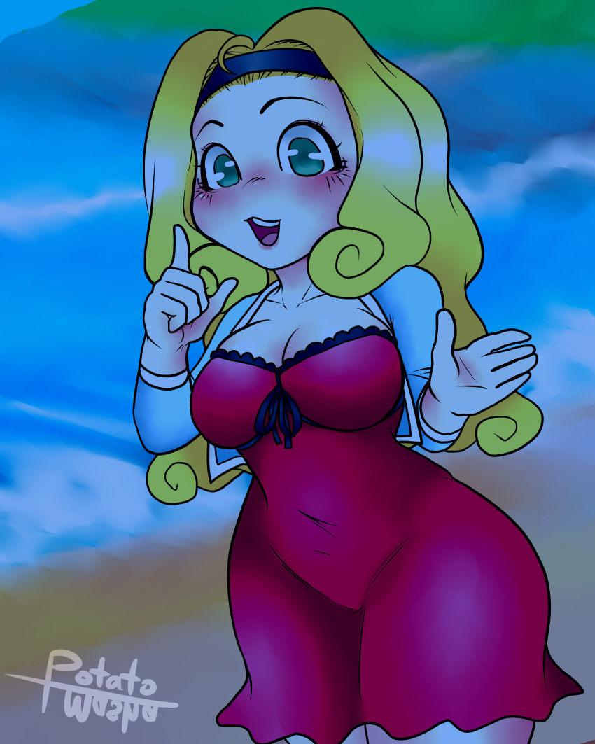 beach blonde_female blonde_hair blonde_hair blonde_hair_female cute female female female_focus green_eyes harvest_moon harvest_moon:_a_wonderful_life headband jacket jacket_open long_hair mashapotato muffy_(harvest_moon) night ocean red_dress thick thick_ass thick_thighs wide_hips