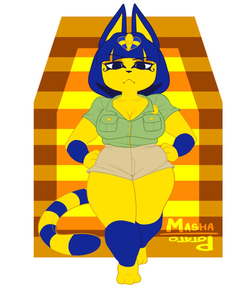 1girls animal_crossing ankha ankha_(animal_crossing) anthro big_breasts blue_body blue_hair curvy curvy_female curvy_figure feline female female female_only frown fur hands_on_hips large_breasts looking_at_viewer mashapotato nintendo short_hair shorts shortstack thick thick_thighs walking yellow_body yellow_fur yellow_skin