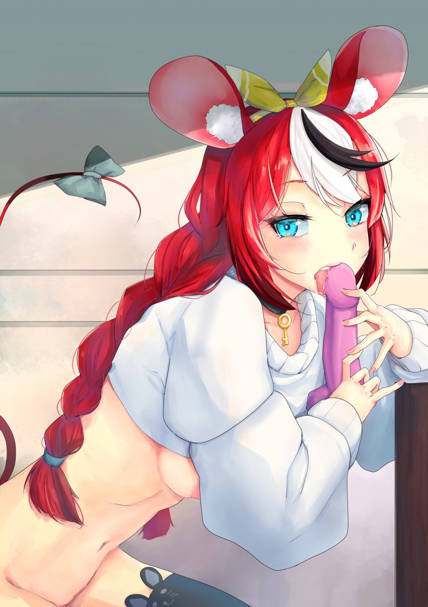 1girls aged_up black_hair blue_eyes blush blush_lines blushing_at_viewer braid dildo female female_only hair hakos_baelz hololive hololive_english hololive_english_-council- hololive_english_-promise- key key_necklace legwear licking licking_dildo licking_sex_toy light-skinned_female light_skin long_hair looking_at_viewer multicolored_hair pink_dildo pink_nipples pink_sex_toy pokebowl rat rat_ears rat_tail red_ears red_hair sex_toy strawberry_baelz thick_thighs toy twin_braids twintails virtual_youtuber vtuber white_hair