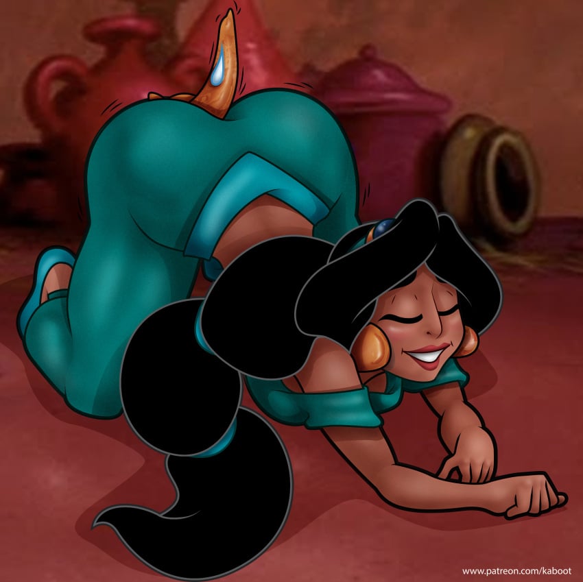 1girls aladdin all_fours arab arabian bent_over black_hair disney disney_princess eyes_closed face_down_ass_up genie kaboot lamp looking_pleasured magic_lamp presenting presenting_hindquarters princess_jasmine