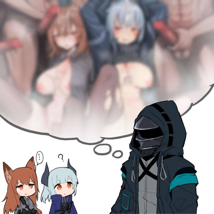 ... 1other 2girls ? animal_ears arknights black_jacket brown_hair bruh_moment chibi commentary_request commission doctor_(arknights) faceless franka_(arknights) gomio_(bb-k) grey_hair highres hood hood_up hooded_jacket horns imagining jacket liskarm_(arknights) multiple_girls orange_eyes penis pervert skeb_commission spoken_ellipsis sweatdrop tareme thought_bubble