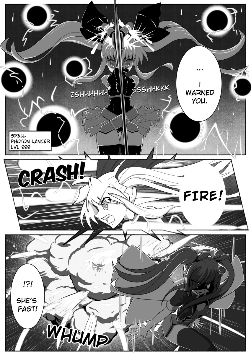 1futa 1girls bodysuit combat explosion mahou_shoujo_lyrical_nanoha manga manga_page nipple_visible_through_clothes onion_jigoku original_character tagme wasp_girl_(onion_jigoku) weapon