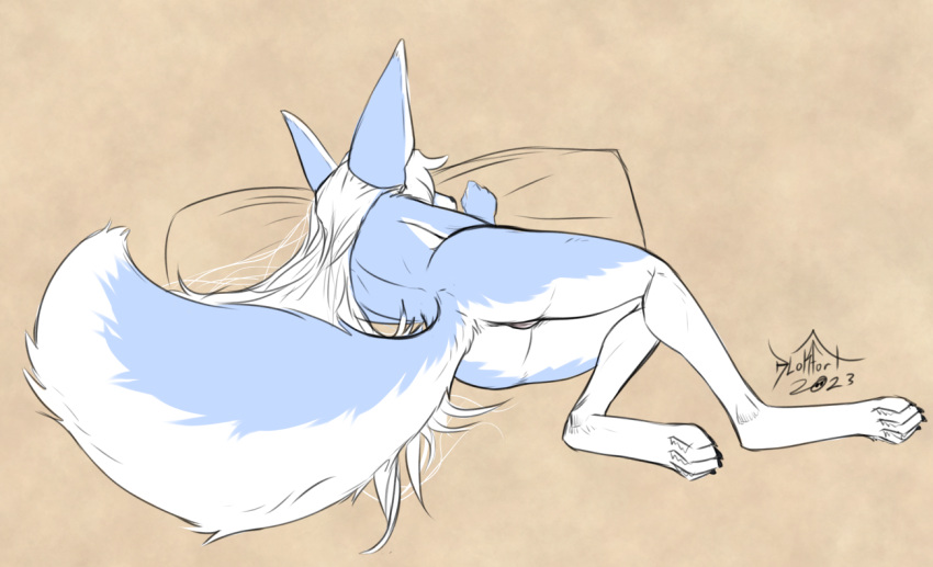 2023 anthro blokfort blue_body blue_fur canid canine female fennec fox fur hair kalta_(blokfort) lying mammal nude pillow simple_background sleeping solo white_body white_fur white_hair