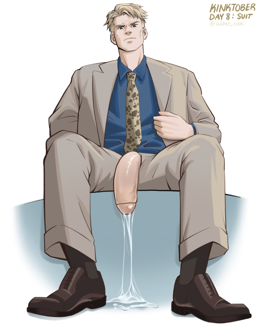 1boy 2023 aster_risk bara barazoku big_penis blonde_hair blue_shirt clothes clothing cum cum_drip cum_dripping_from_penis ejaculation flaccid flaccid_penis gay genital_fluids grey_clothing hi_res highres jujutsu_kaisen kento_nanami kinktober light-skinned_male light_skin looking_at_viewer male male_focus male_only manly muscular_male pants penis shies solo solo_focus solo_male suit suit_and_tie t-shirt tie yaoi