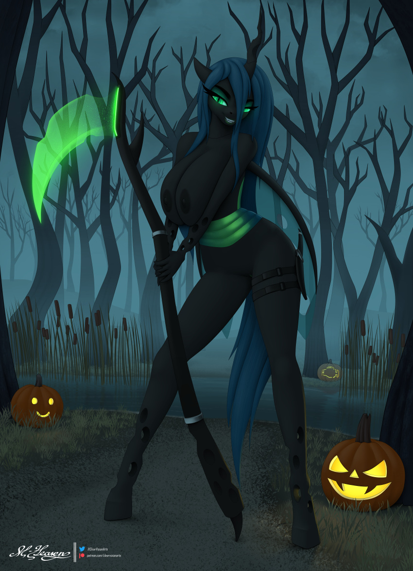 3d absurd_res anthro arthropod blue_hair changeling changeling_queen clearvision clothed clothing equid equine female food friendship_is_magic fruit glowing glowing_eyes green_eyes green_lips hair halloween hasbro hi_res holding_object holidays horn horse huge_breasts insect_wings jack-o'-lantern lips lipstick looking_at_viewer makeup mammal melee_weapon my_little_pony plant polearm pony pumpkin queen_chrysalis_(mlp) scythe smile solo swamp text url weapon wings