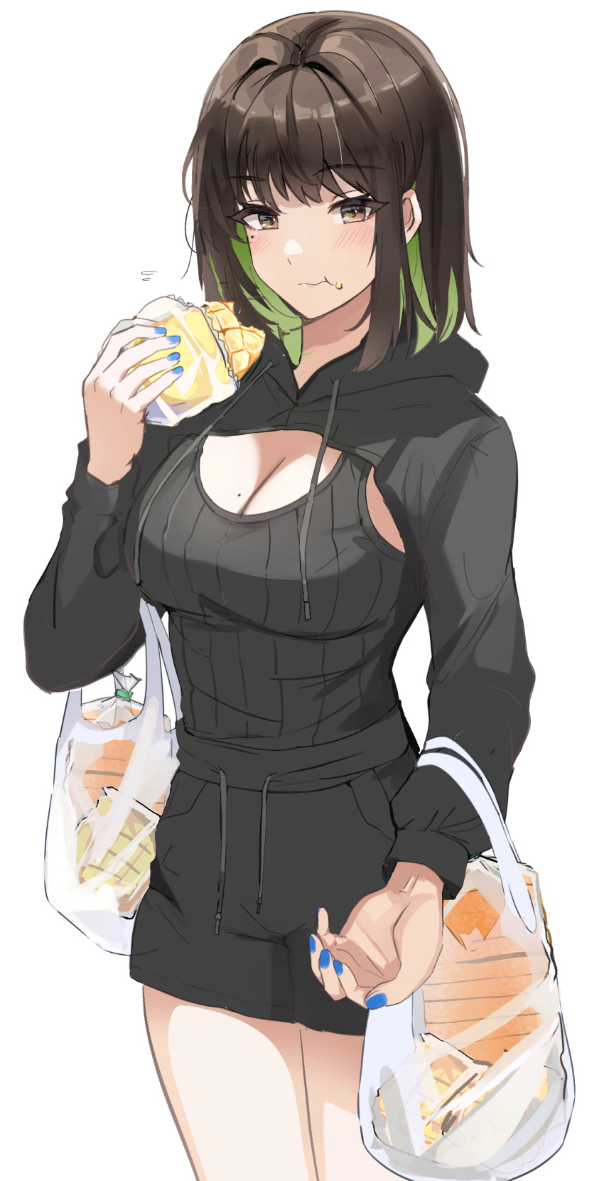 1girls absurdres black_hair black_shorts black_tank_top blue_nails bread breasts brown_hair cleavage colored_inner_hair crop_top cropped_hoodie eating food green_hair highres hood hoodie large_breasts looking_at_viewer medium_hair miru_(ormille) mole mole_on_breast mole_under_eye multicolored_hair nail_polish original ormille shorts solo tank_top thighs