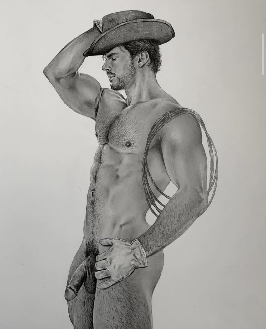 1boy big_penis black_and_white brad_welch_art caucasian caucasian_male cowboy flaccid flaccid_penis huge_cock male male_only muscles muscular muscular_male nude_male pencil_(artwork) solo solo_male