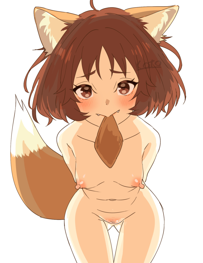 aburaage ahoge animal_ear_fluff animal_ears arms_behind_back arms_behind_head artist_name ass_visible_through_thighs bent_over blush bob_cut breasts brown_eyes brown_hair brown_tail censored closed_mouth collarbone commentary commission completely_nude don_gitsune eyelashes fake_animal_ears fangs female food food_in_mouth fox_ears fox_girl fox_tail groin handkerchief highres leaning_forward looking_at_viewer messy_hair mosaic_censoring mouth_hold navel nipples nissin nude pussy raised_eyebrows short_hair signature simple_background small_breasts smile solo standing straight-on tail tail_raised tofu toko_(tenerezza666) v_arms white_background