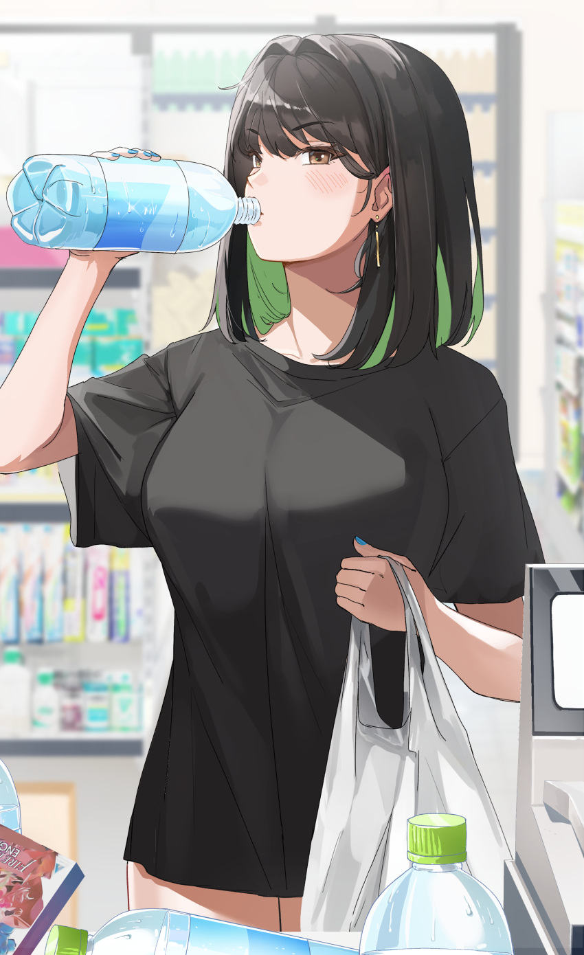 1girl 1girls absurdres black_hair bottle breasts brown_eyes collarbone colored_inner_hair convenience_store drinking earrings female green_hair hair_intakes highres indoors jewelry large_breasts looking_at_viewer miru_(ormille) mole mole_on_breast mole_under_eye multicolored_hair no_pants original original_character ormille shirt shop short_hair smile solo tagme two-tone_hair two_tone_hair water water_bottle