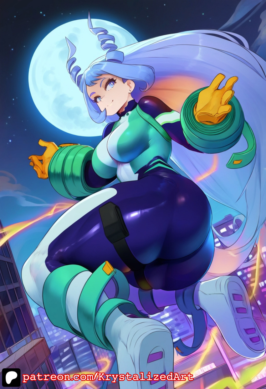 ai_generated big_ass big_breasts blue_eyes blue_hair city cityscape floating floating_hair gloves hero hero_outfit_(mha) heroine horns krystalizedart large_ass large_breasts long_hair magic moon moonlight my_hero_academia nejire_hado nejire_hado_(hero_outfit) night smile smirk solo solo_female solo_focus thick_thighs wide_hips