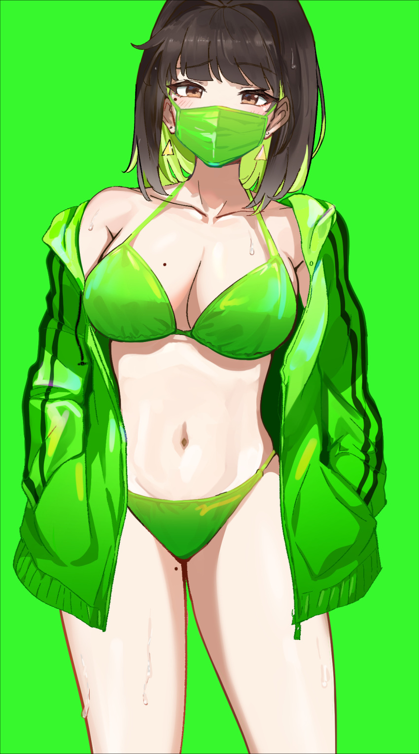 1girl 1girls bikini black_hair breasts brown_eyes collarbone colored_inner_hair earrings face_mask female green_background green_bikini green_hair green_jacket hands_in_pockets highres jacket jewelry large_breasts looking_at_viewer mask miru_(ormille) mole mole_on_breast mole_on_thigh mole_under_eye mouth_mask multicolored_hair navel original original_character ormille short_hair simple_background solo stomach sweat swimsuit tagme two_tone_hair