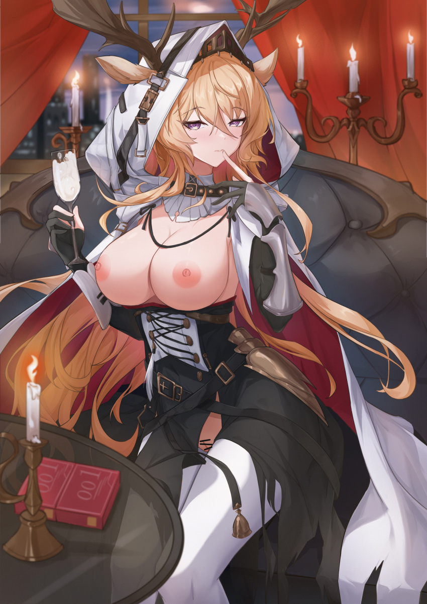 absurdres animal_ears antlers antlers_through_hood arknights bar_censor black_dress blonde_hair blush breasts breasts_out candle cape censored cleavage condom_box couch crotch_cutout cum_in_container cum_in_cup cup deer_antlers deer_ears deer_girl dress ears_through_hood feet_out_of_frame female finger_to_mouth fire gauntlets gloves half-closed_eyes highres holding holding_cup hood hood_up hooded_cape index_finger_raised indoors large_breasts long_hair looking_at_viewer night nipples on_couch partially_fingerless_gloves purple_eyes pussy red_curtains sitting sktre12 solo table variant_set very_long_hair viviana_(arknights) white_cape window