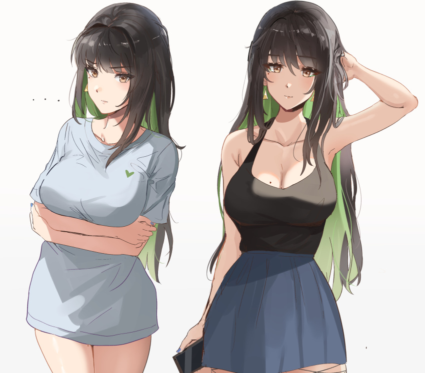 ... 1girls absurdres armpit_peek arms_under_breasts black_hair blue_shirt blue_skirt blush breasts brown_eyes cellphone cleavage closed_mouth collarbone colored_inner_hair female green_hair hand_in_own_hair highres holding holding_phone large_breasts light_smile long_hair looking_at_viewer miru_(ormille) mole mole_on_breast mole_on_thigh mole_under_eye multicolored_hair multiple_views no_pants original ormille phone shirt simple_background skirt smartphone straight_hair t-shirt tank_top two-tone_hair v-shaped_eyebrows