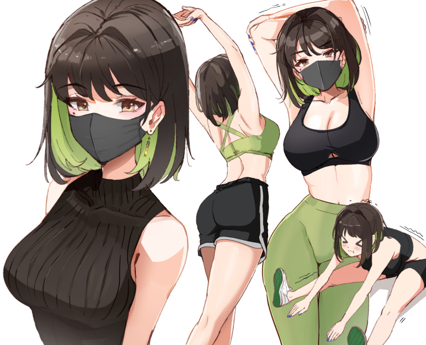 >_< 1girls armpits arms_up ass back black_hair black_mask black_shorts black_sports_bra black_sweater breasts brown_eyes cleavage clothing_cutout colored_inner_hair commentary earrings english_commentary female green_hair green_pants green_sports_bra high-waist_pants highres jewelry large_breasts looking_at_viewer mask midriff miru_(ormille) mole mole_under_eye mouth_mask multicolored_hair multiple_views navel original ormille pants shoes short_hair shorts sitting sleeveless sleeveless_sweater sneakers sports_bra stretching sweater trembling two-tone_hair underboob_cutout upper_body yoga_pants