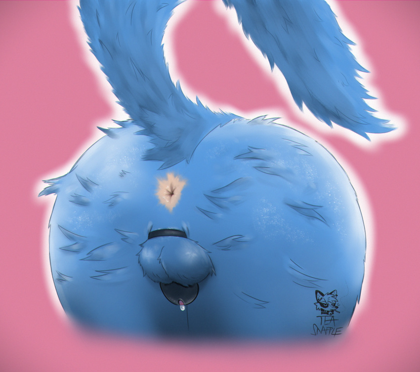 anthro anus ass ass_up blue_body blue_fur bodily_fluids butt_focus butt_tuft chastity_cage chastity_device dripping fluffy fur genital_fluids hi_res male precum precum_drip solo teasnapple tuft