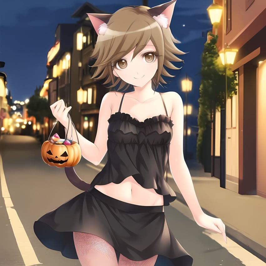 1boy 1femboy ai_generated black_clothing black_skirt brown_eyes brown_hair cat_ears cat_tail catboy danganronpa danganronpa:_trigger_happy_havoc femboy fishnets fujisaki_chihiro halloween halloween_costume light-skinned light-skinned_femboy light-skinned_male looking_at_viewer n.c.b_ai navel night skirt smile smiling smiling_at_viewer stable_diffusion trick_or_treat