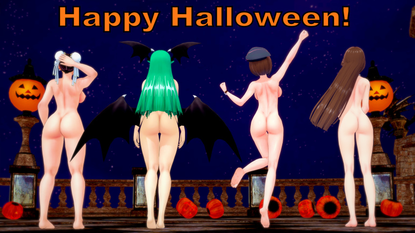 16:9 3d 4girls ass barefoot big_ass breasts brown_hair capcom chun-li company_connection completely_nude completely_nude_female crossover darkstalkers double_bun english_text female female_only green_hair gyakuten_saiban halloween halloween_2023 halloween_decoration halloween_pumpkin halloween_theme happy_halloween head_wings human jill_valentine large_ass long_hair mia_fey morrigan_aensland multiple_girls nipples nude nude_female pumpkin resident_evil retropunch short_hair small_breasts street_fighter succubus text wings