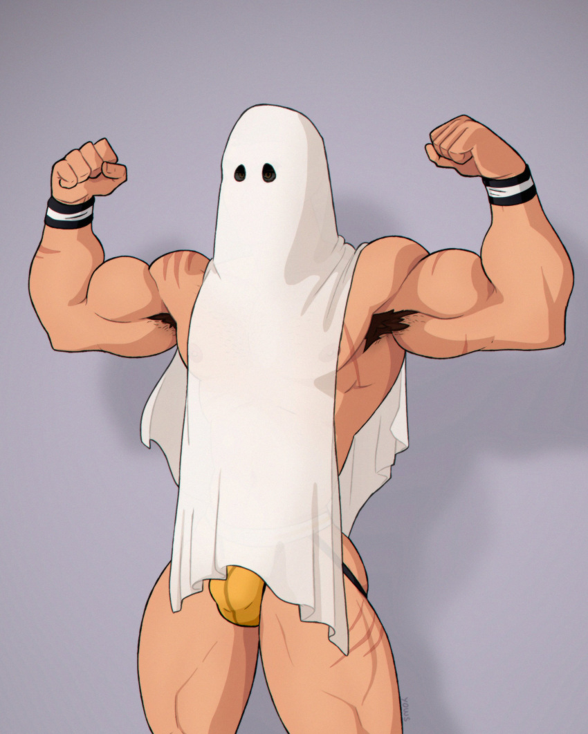 1boy 2023 armpit_hair balls bara barazoku bulge costume flexing_bicep gay ghost ghost_boy halloween halloween_costume helkan_(yows) hi_res highres holidays jockstrap looking_at_viewer male male_focus male_only manly muscular_male penis solo solo_male twitter_user_oc underwear yaoi yows