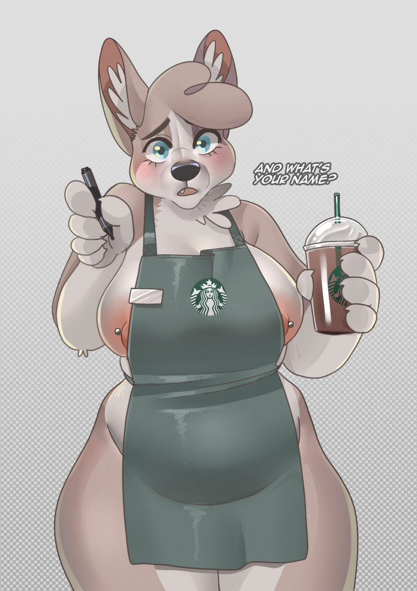 1girls 2023 2d anthro anthro_only apron apron_only barista blue_eyes blush breasts canid canine coffee color cup drink employee employee_uniform english_text female female_only fur furry furry_only hi_res holding_cup holding_drink holding_object iced_latte_with_breast_milk looking_at_viewer nipple_piercing nipples open_mouth original pierced_nipples piercing piercings secretcorgi secretcorgi_(character) solo solo_female standing starbucks text thick_thighs thighs wide_hips