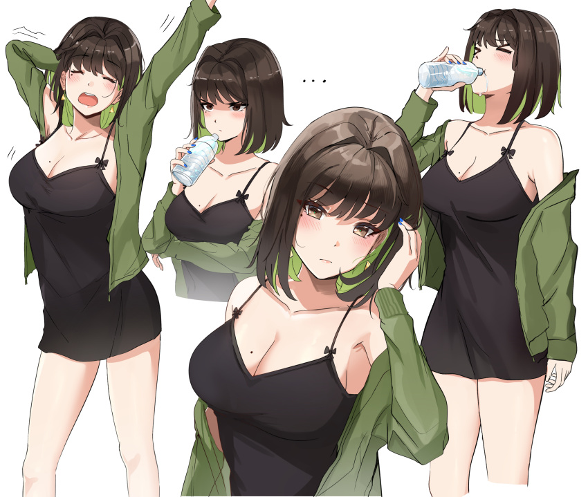 >_< ... 1girls absurdres arm_under_breasts arms_up black_dress black_hair blue_nails blush bottle breasts brown_eyes cleavage closed_eyes closed_mouth collarbone colored_inner_hair commentary_request cowboy_shot cropped_torso dangle_earrings dress drinking earrings gold_earrings green_hair green_sweater highres holding holding_bottle jewelry large_breasts looking_at_viewer miru_(ormille) mole mole_on_breast mole_under_eye multicolored_hair multiple_views off_shoulder open_mouth original ormille revision short_dress short_hair spaghetti_strap sparkle sweater upper_body v-shaped_eyebrows water_bottle yawning