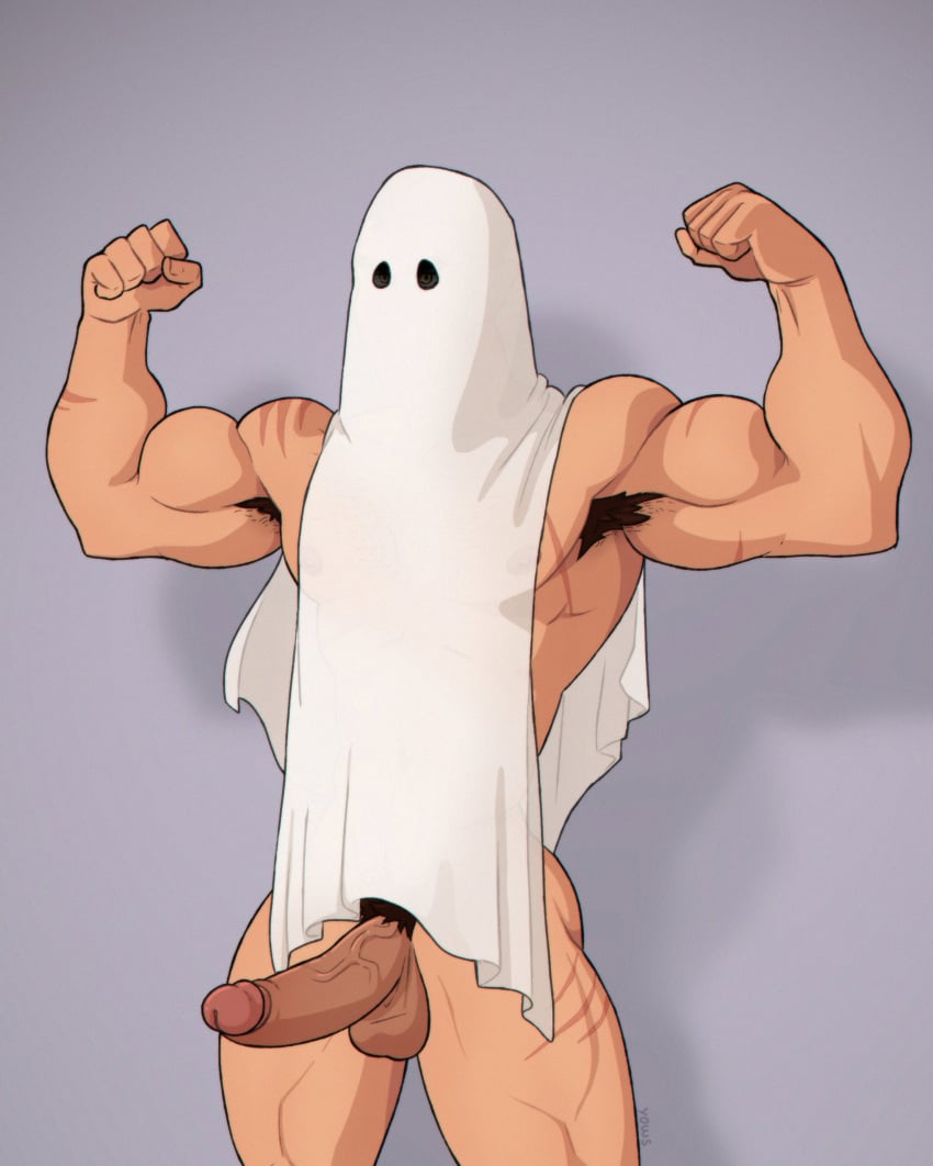 1boy 2023 armpit_hair balls bara barazoku beefy big_balls big_penis completely_nude costume daddy flexing_bicep gay ghost ghost_boy halloween halloween_costume heavy_balls helkan_(yows) hi_res highres holidays looking_at_viewer male male_focus male_only male_pubic_hair manly muscular_male nude penis solo solo_male twitter_user_oc yaoi yows