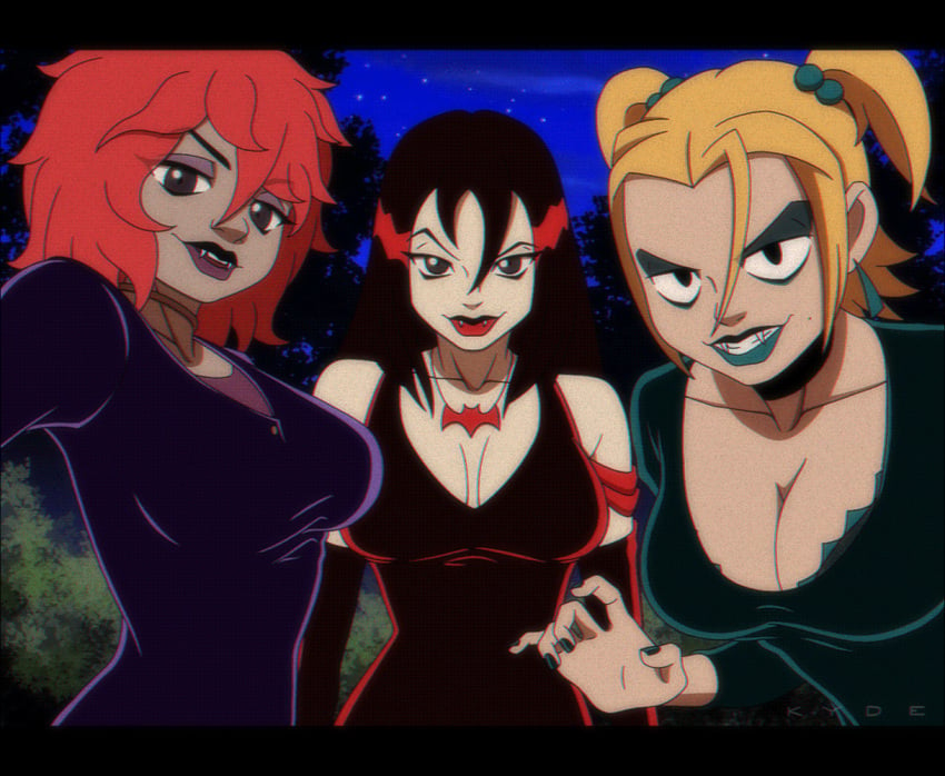 animated big_breasts bouncing_breasts choker cleavage clothing dark_skin dusk_(hex_girls) fangs female gif goth_girl hanna-barbera hex_girls human kyde luna_(hex_girls) pale_skin scooby-doo staring_at_viewer tagme thorn_(hex_girls)