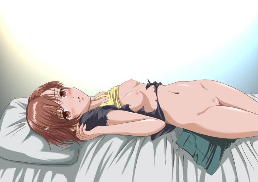 1girls after_sex asymmetrical_bangs bar_censor bed bed_sheet black_shirt blue_shorts blush bob_cut bottomless breasts brown_background brown_eyes brown_hair censored clothes_lift commentary denim denim_shorts embarrassed female female_pubic_hair gradient_background grey_background groin hair_ornament hairclip hand_up highres hip_bones looking_at_viewer looking_to_the_side lying misaka_mikoto mutsuki_kurumi navel nipples no_bra no_panties on_back on_bed open_mouth parted_lips pillow pubic_hair pussy rape shirt shirt_lift short_hair short_shorts short_sleeves shorts single_bare_shoulder small_breasts solo sparse_pubic_hair t-shirt tank_top tearing_up tears teenage_girl teenager text_focus textless_version thighs to_aru_kagaku_no_railgun to_aru_majutsu_no_index torn_clothes torn_shirt torn_tank_top unworn_shorts variant_set white_background yellow_tank_top young