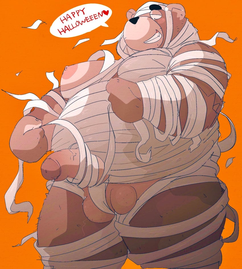 2023 anthro balls bear belly big_belly brown_body dialogue dumdum english_text genitals halloween halloween_costume hi_res holidays kemono male mammal moobs mummy_costume nipples orange_background overweight overweight_male penis simple_background solo text