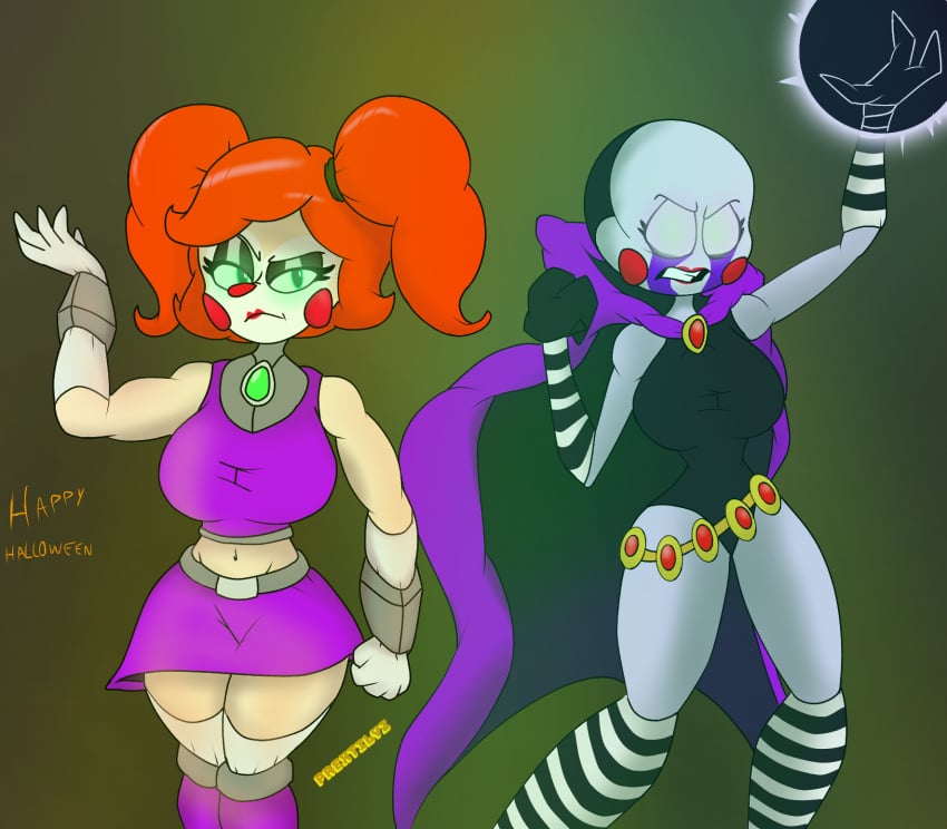 2girls baby_(fnafsl) circus_baby circus_baby_(fnaf) clothed clothing cosplay costume dc dc_comics female five_nights_at_freddy's five_nights_at_freddy's:_sister_location five_nights_at_freddy's_2 fnaf marionette_(fnaf) puppet_(fnaf) raven_(cosplay) standing starfire_(cosplay) tagme