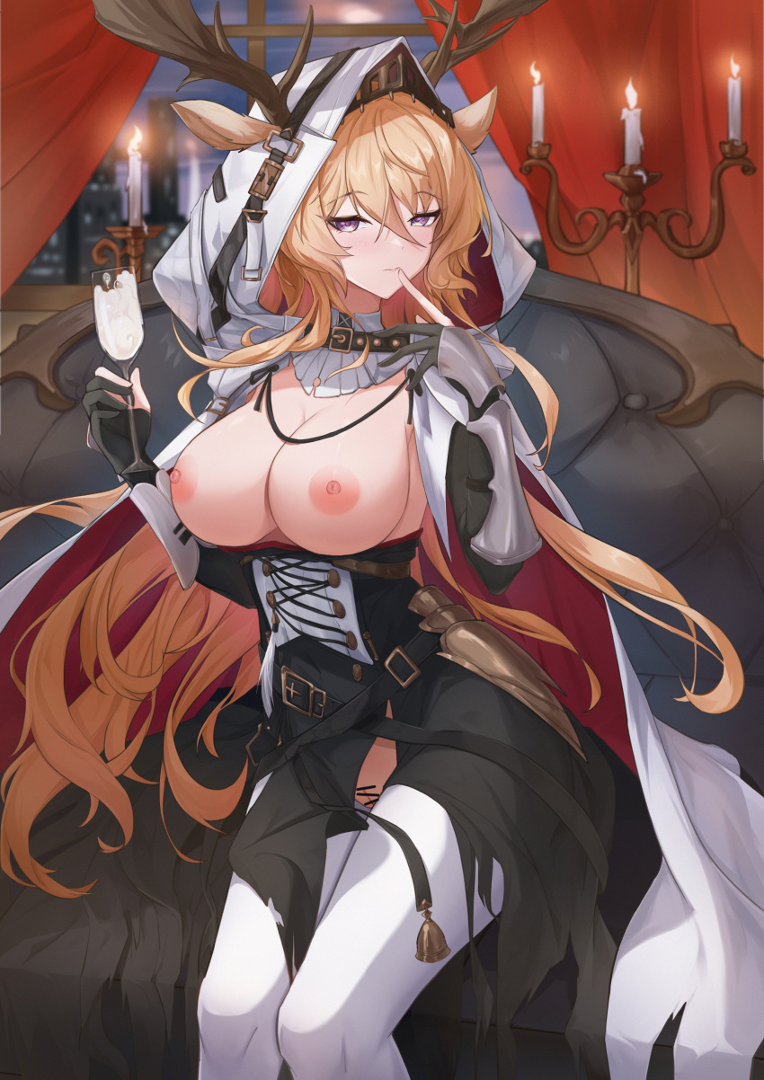 absurdres animal_ears antlers antlers_through_hood arknights bar_censor black_dress blonde_hair blush breasts breasts_out candle cape censored cleavage couch crotch_cutout cum_in_container cum_in_cup cup deer_antlers deer_ears deer_girl dress ears_through_hood feet_out_of_frame female finger_to_mouth fire gauntlets gloves half-closed_eyes highres holding holding_cup hood hood_up hooded_cape index_finger_raised indoors large_breasts long_hair looking_at_viewer night nipples on_couch partially_fingerless_gloves purple_eyes pussy red_curtains sitting sktre12 solo variant_set very_long_hair viviana_(arknights) white_cape window