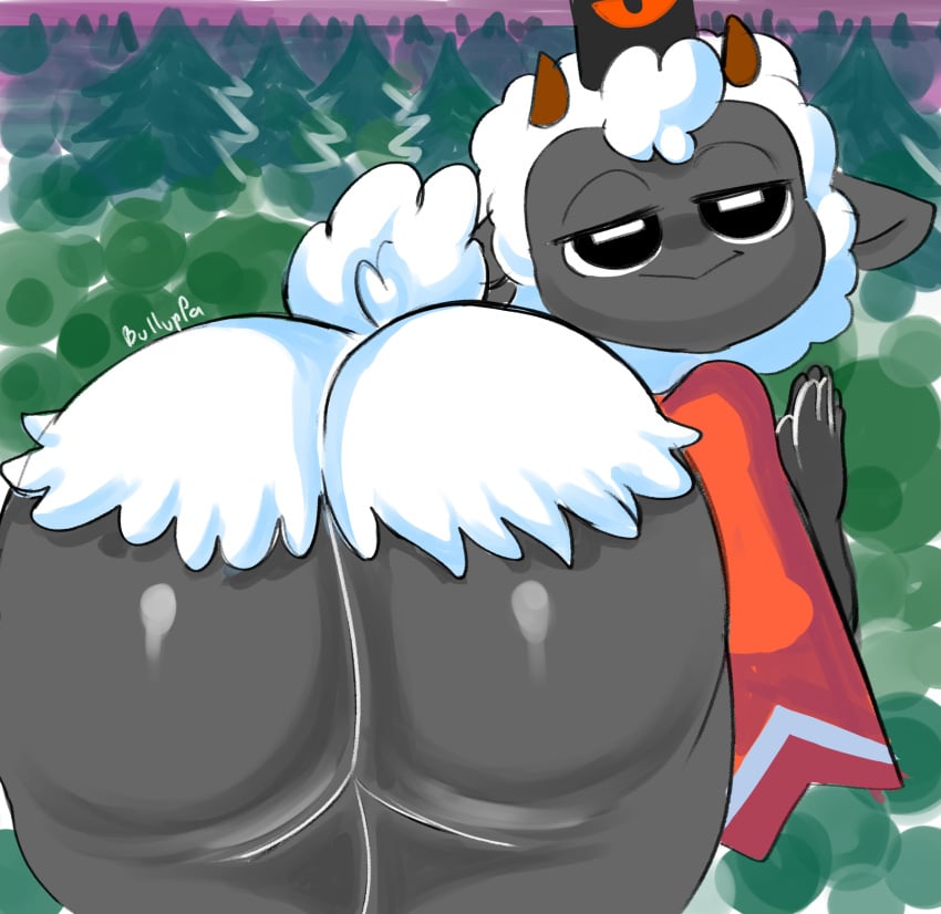 1boy anthro ass big_ass bottomless bulluppa clothing cult_of_the_lamb fat_ass femboy furry girly horns huge_ass lamb lamb_(cult_of_the_lamb) looking_at_viewer looking_back looking_back_at_viewer male male_only sheep solo solo_male tail thick_ass white_wool