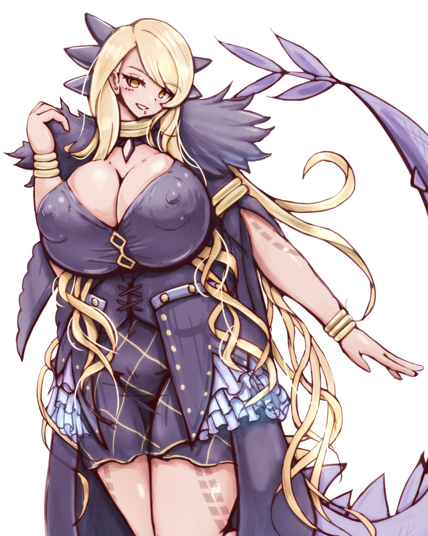 1girls 57mm big_breasts blonde_hair cleavage dragon_tail fate/grand_order fate_(series) fully_clothed huge_breasts large_breasts lizard_tail monster_girl nipples sharp_teeth solo tagme thick_thighs visible_nipples vritra_(fate) wide_hips yellow_eyes